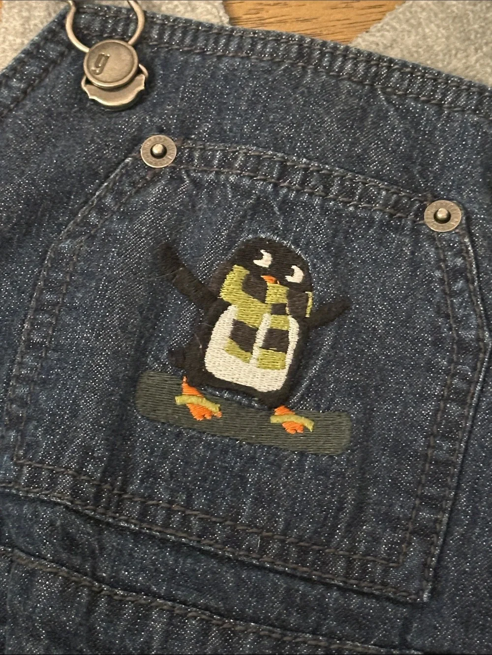 Vintage GYMBOREE Penguin Champ Denim Overalls sz 2T snowboard fall winter EUC